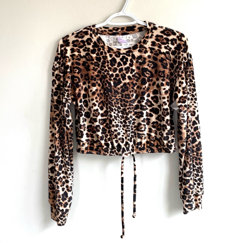LONG SLEEVE BLACK BROWN LEOPARD PRINT CROP TOP TIE ADJUSTABLE WAIST FLEECE